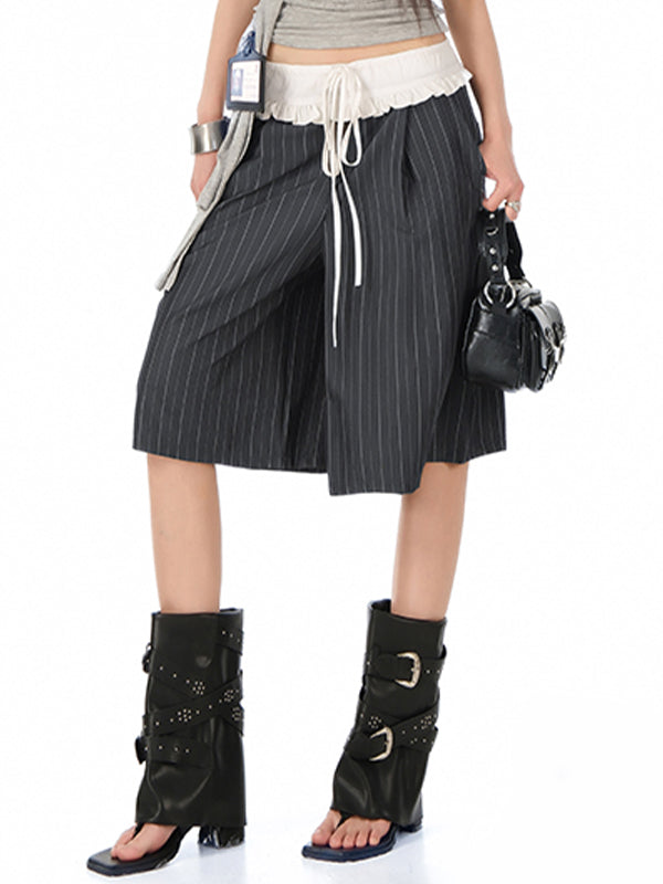 Striped Ruffled Hem Drawstring Straight Wide Leg Shorts