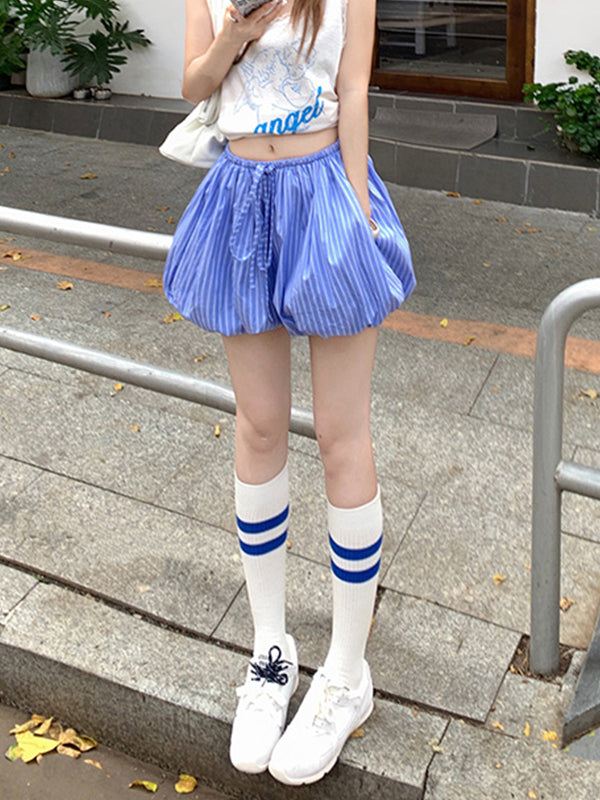 Retro Loose Vertical Stripes Elastic Waist Drawstring Shorts