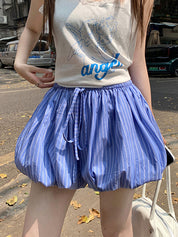 Retro Loose Vertical Stripes Elastic Waist Drawstring Shorts