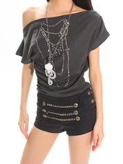 Chain Hot Diamond Off Shoulder Short Sleeved Tee