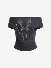 Chain Hot Diamond Off Shoulder Short Sleeved Tee