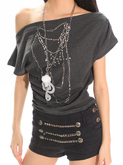 Chain Hot Diamond Off Shoulder Short Sleeved Tee