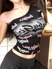 Letter Printed Stitching Off-shoulder Short Tee