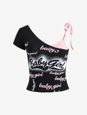 Letter Printed Stitching Off-shoulder Short Tee