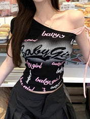 Letter Printed Stitching Off-shoulder Short Tee