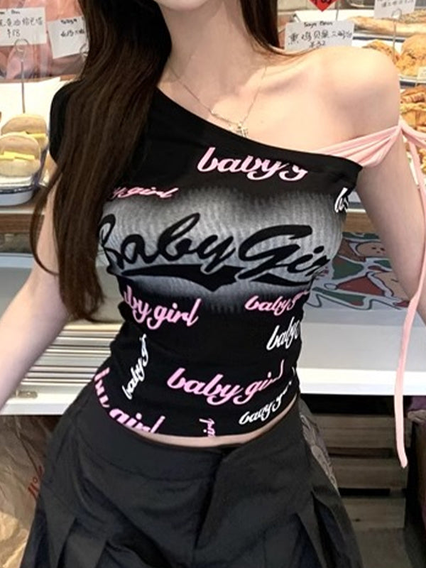 Letter Printed Stitching Off-shoulder Short Tee