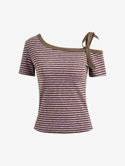 Retro Striped Slim Shoulder Straps Short Tee