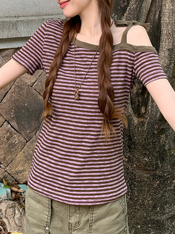 Retro Striped Slim Shoulder Straps Short Tee