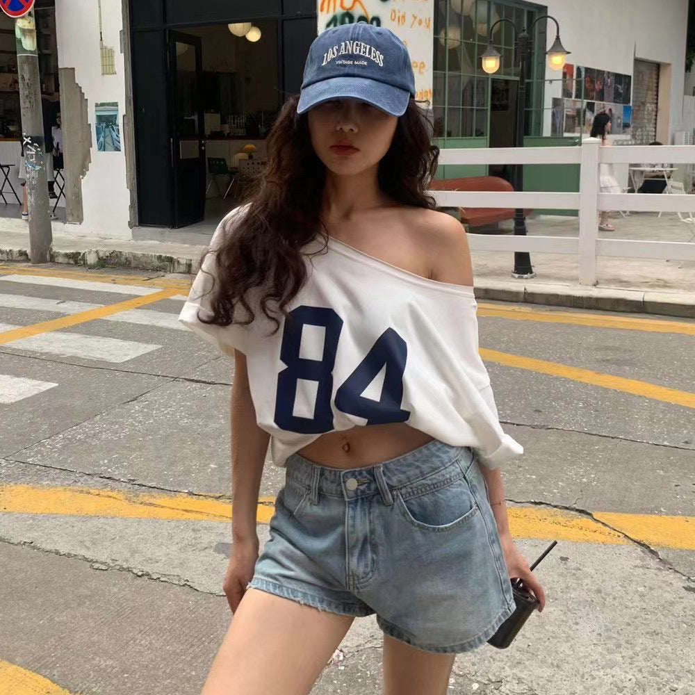 Round Neck Loose Casual Off Shoulder Printed Tee