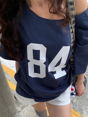 Round Neck Loose Casual Off Shoulder Printed Tee