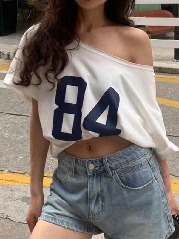 Round Neck Loose Casual Off Shoulder Printed Tee