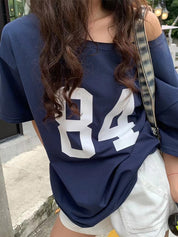 Round Neck Loose Casual Off Shoulder Printed Tee