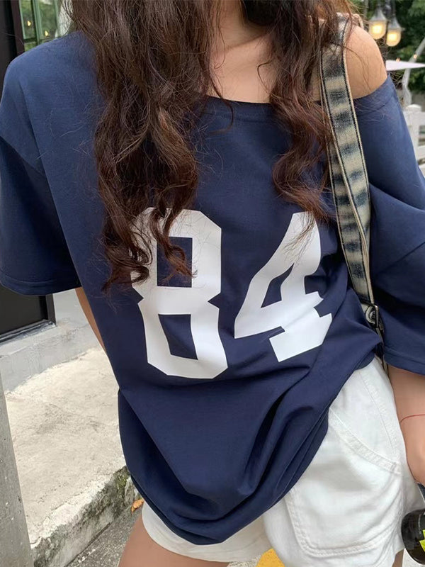Round Neck Loose Casual Off Shoulder Printed Tee