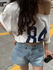Round Neck Loose Casual Off Shoulder Printed Tee