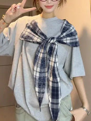 Bowknot Plaid Patchwork Short Sleeved Tee