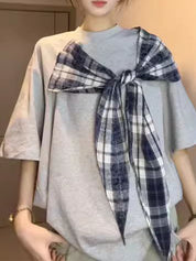 Bowknot Plaid Patchwork Short Sleeved Tee
