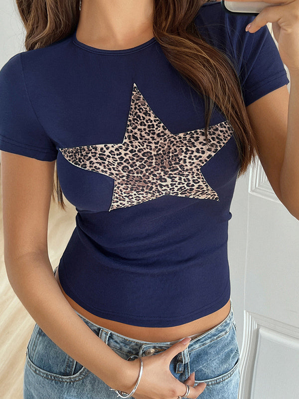 Leopard Print Round Neck Short Sleeve Tee