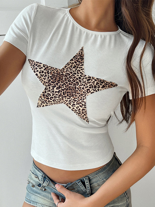 Leopard Print Round Neck Short Sleeve Tee