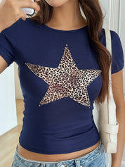 Leopard Print Round Neck Short Sleeve Tee