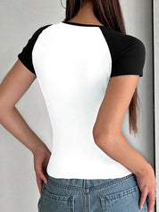 U Neck Contrast Color Short Sleeve tee
