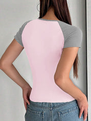 U Neck Contrast Color Short Sleeve tee