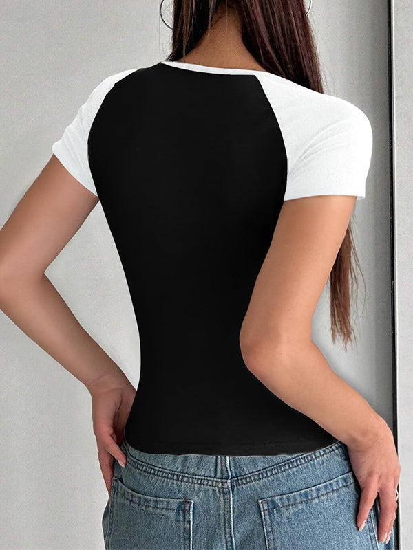 U Neck Contrast Color Short Sleeve tee