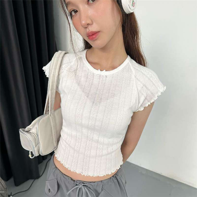 Solid Color Personality Round Neck Hollow Short Sleeve Tee