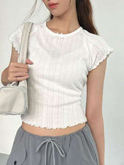 Solid Color Personality Round Neck Hollow Short Sleeve Tee