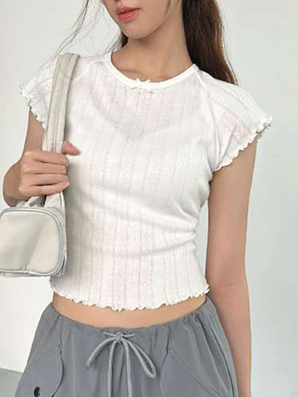 Solid Color Personality Round Neck Hollow Short Sleeve Tee