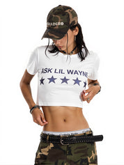 Letter Print Slim Short Belly Exposed Tee