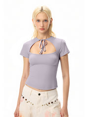 Solid Color Hollow Tie Short Sleeved Tee