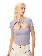 Solid Color Hollow Tie Short Sleeved Tee