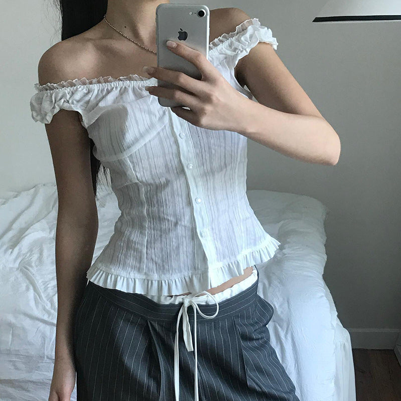 One Shoulder Solid Color Lace Stitching Button Down Tee
