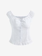 One Shoulder Solid Color Lace Stitching Button Down Tee
