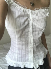 One Shoulder Solid Color Lace Stitching Button Down Tee