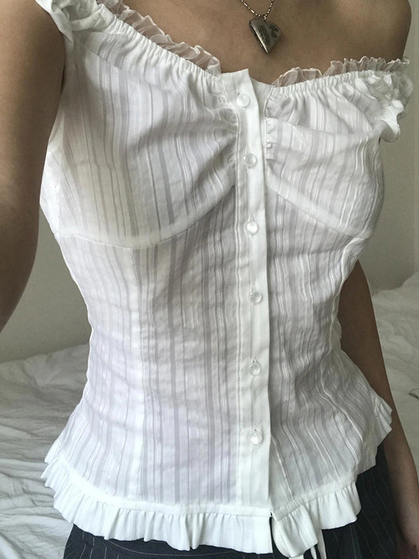 One Shoulder Solid Color Lace Stitching Button Down Tee