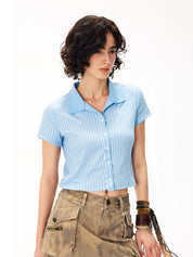 Lapel Striped Button-Down Short Sleeve Shirt