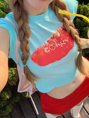 Fruit Print Straight Shoulder Slim Short Sleeves Tee