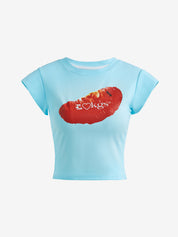 Fruit Print Straight Shoulder Slim Short Sleeves Tee