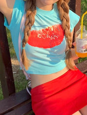 Fruit Print Straight Shoulder Slim Short Sleeves Tee
