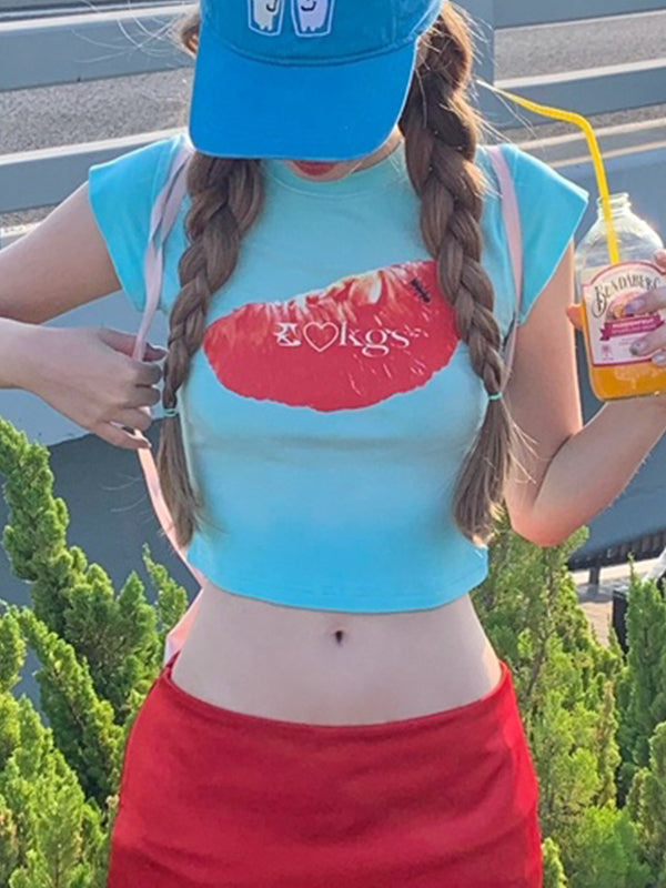 Fruit Print Straight Shoulder Slim Short Sleeves Tee
