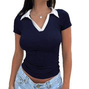 Contrast Color Polo Collar Short Sleeve Tee