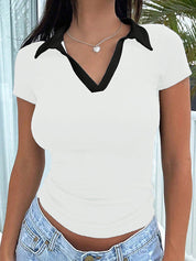 Contrast Color Polo Collar Short Sleeve Tee