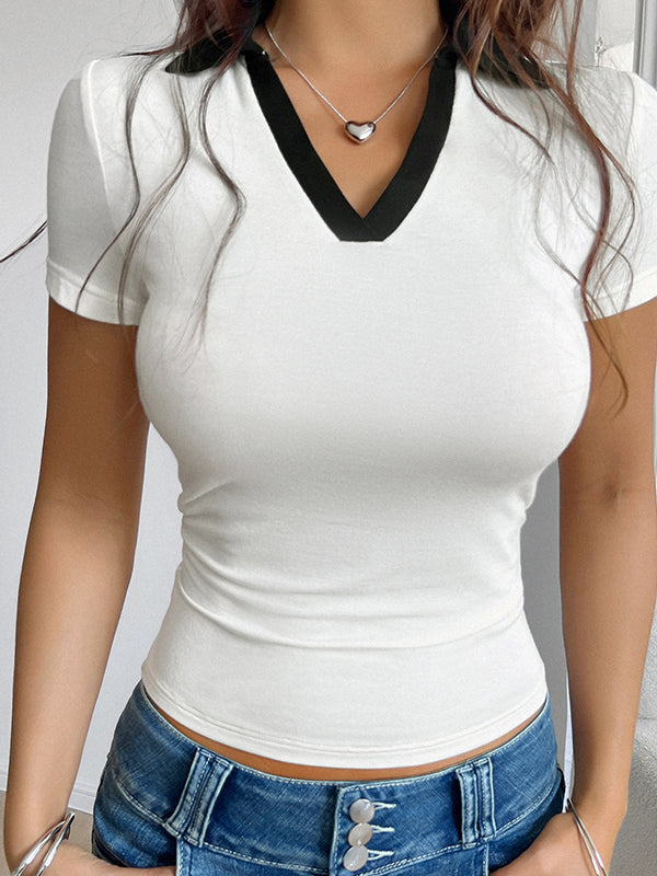 Contrast Color Polo Collar Short Sleeve Tee