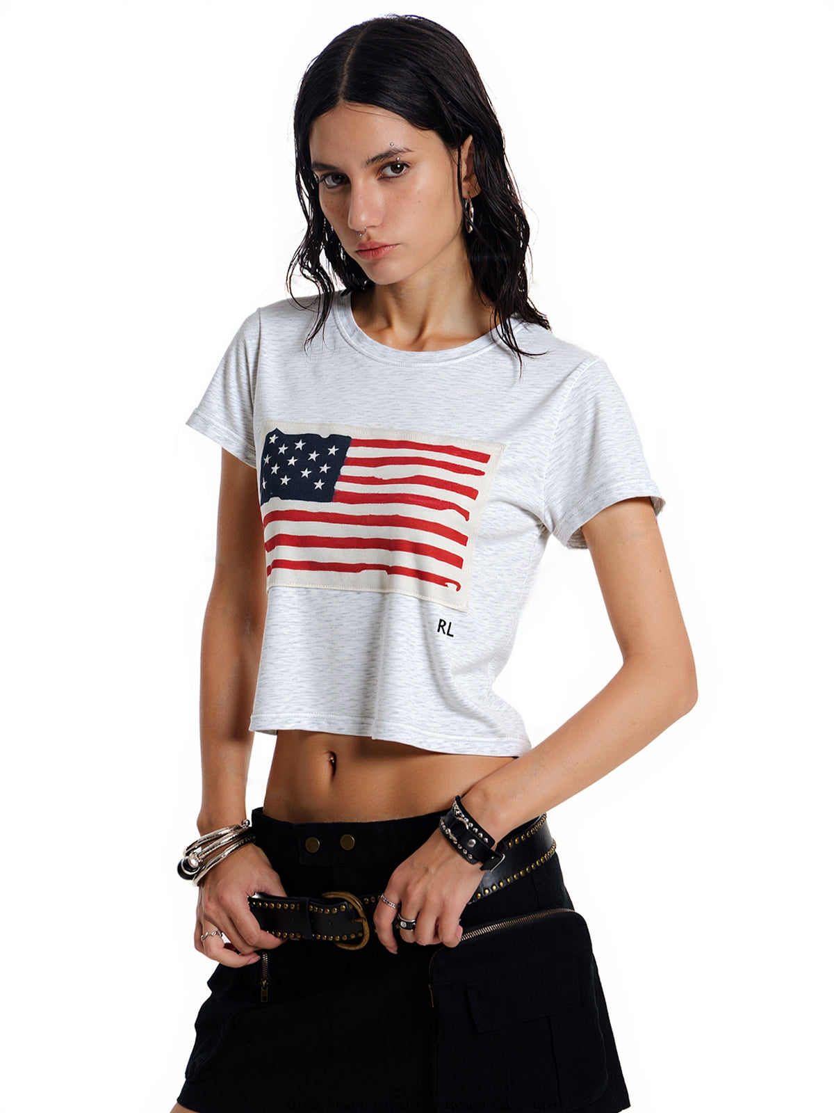American Flag Print Navel Baring Tee