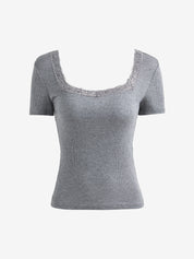 Solid Color Lace U Neck Tee