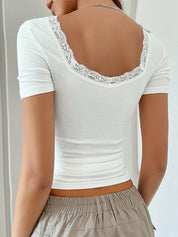 Solid Color Lace U Neck Tee