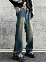 Men's American Retro Green Washed Denim Jeans