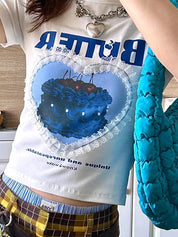 Patchwork Lace Trim Short Sleeve