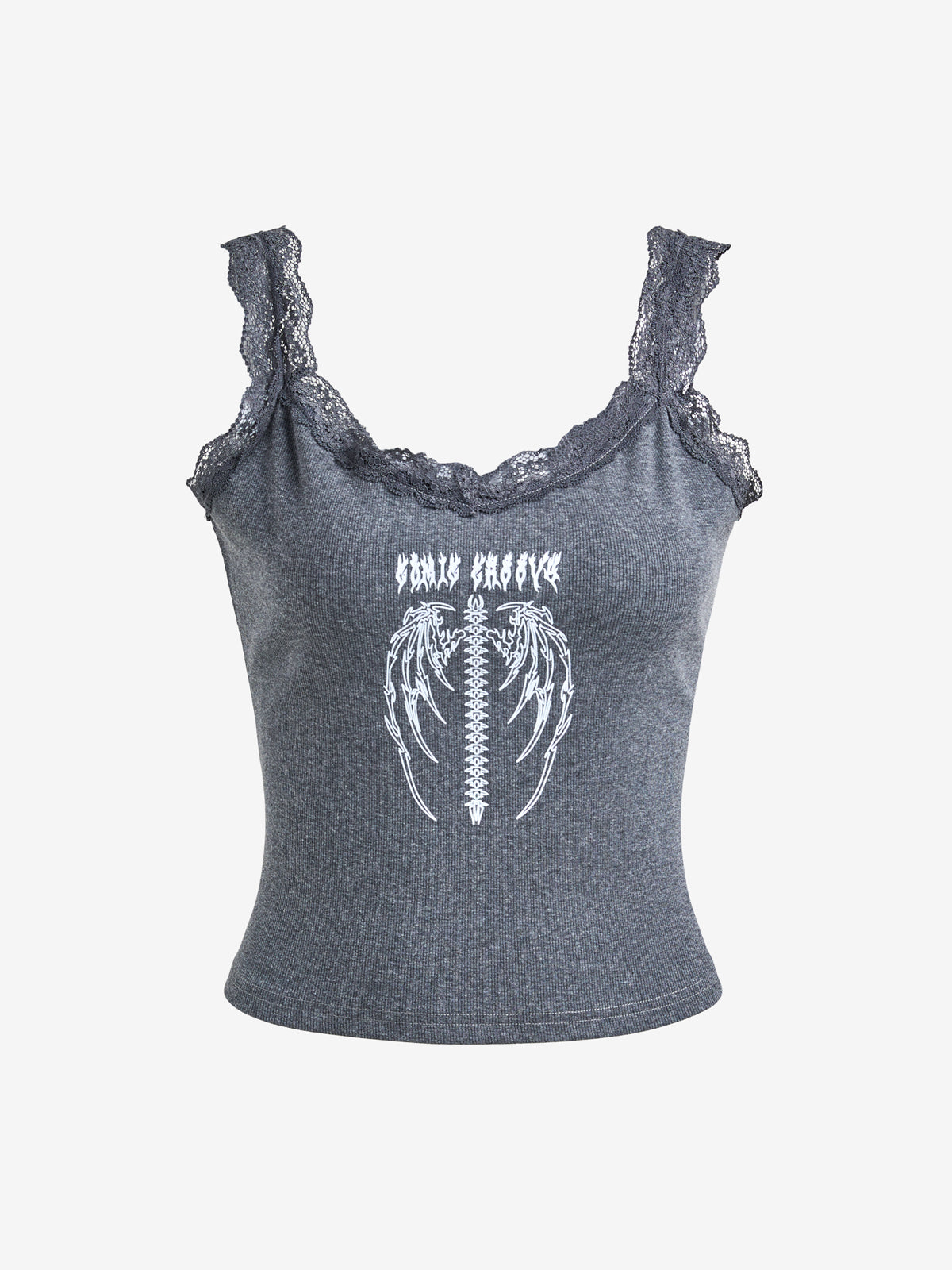 Lace Trim Gray Feather Skeleton Tank Top